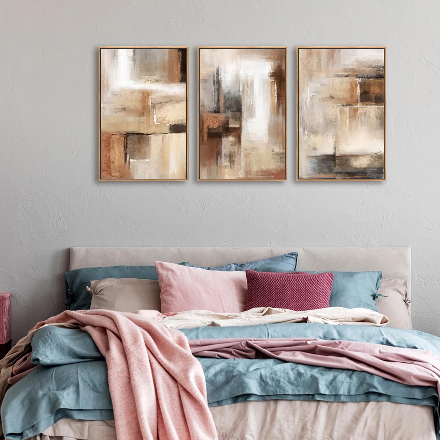 Skiennix Large Framed Canvas Wall Art - Brown Abstract Paintings for Living Room Decor | Set of 3 (48" x 24")