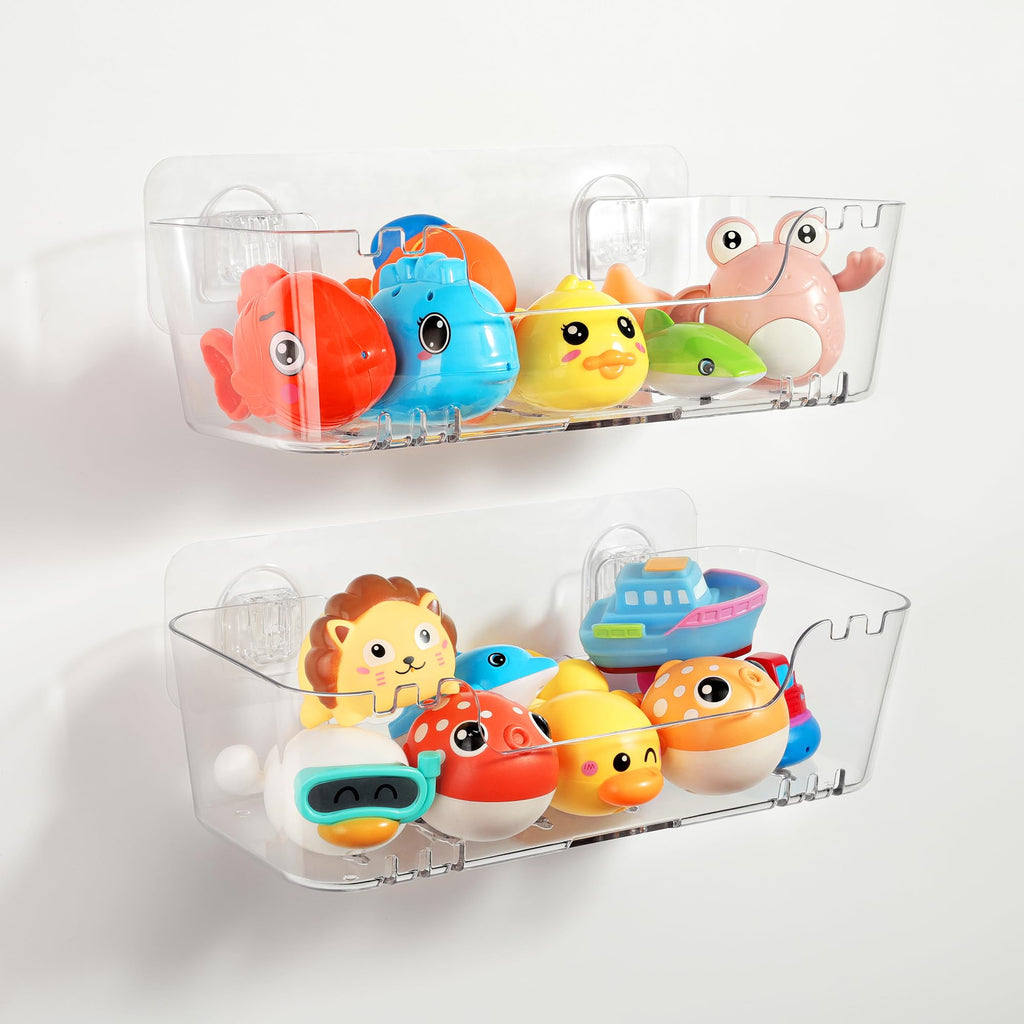 Bath Toy Storage Organizer 2 Pack, Transparent Bath Toy Holder with Drain Holes, Durable Plastic Bathtub Toy Storage for Bathroom, Quick-Dry Drainable Shower Caddy, Easy to Clean and Install