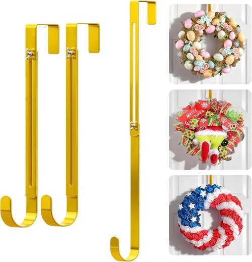 Gold Wreath Hanger - Adjustable Over The Door Hook (15-25 Inch) | Ultra-Thin Heavy Duty Metal for All Seasons