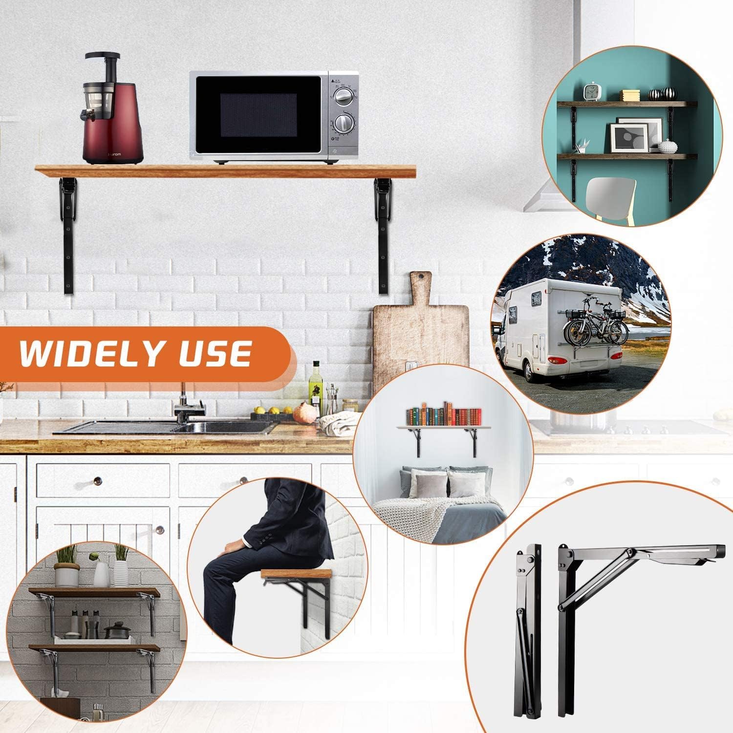 Ultrawall Heavy-Duty 24-Inch Black Folding Shelf Brackets - Adjustable Steel Design | Max Load 550 lbs