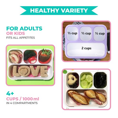 kinsho Bento-Box Lunch-Boxes for Kids, Girls, Lunch and Snack Containers for Toddler Daycare, School, Travel BPA-Free, 4 Divided Compartments Utensils (Purple Rainbow Unicorn, 2 Pack)