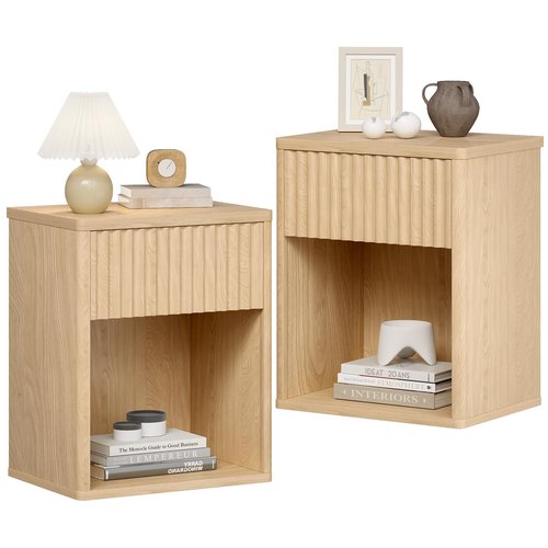 Fluted Nightstands Set of 2, Wooden End Table Bed Side Table with Curved Drawer, Mid Century Modern Fluted Night Stand with Rounded Edge for Bedroom, Living Room Sofa, Nature Oak