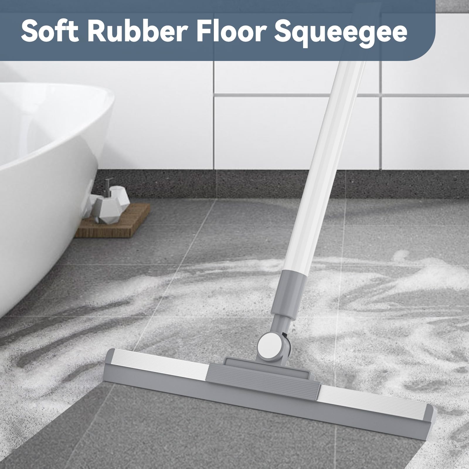 Floor Squeegee with 180° Rotating Head, Squeegee for Floor with 52'' Long Handle, Squeegee Broom, Squeegee for Window Cleaning, Bathroom Tile, Garage Concrete, Deck, Shower Glass (White)