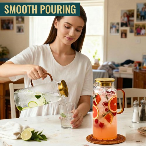 4 Pack 2 Liter/68 oz Glass Pitcher with Lid, Water Pitchers with Handle for Fridge, Large Jug for Iced Tea, Coffee, Borosilicate Glass Carafe for Hot/Cold Brew Drink and Homemade Beverage, Gold