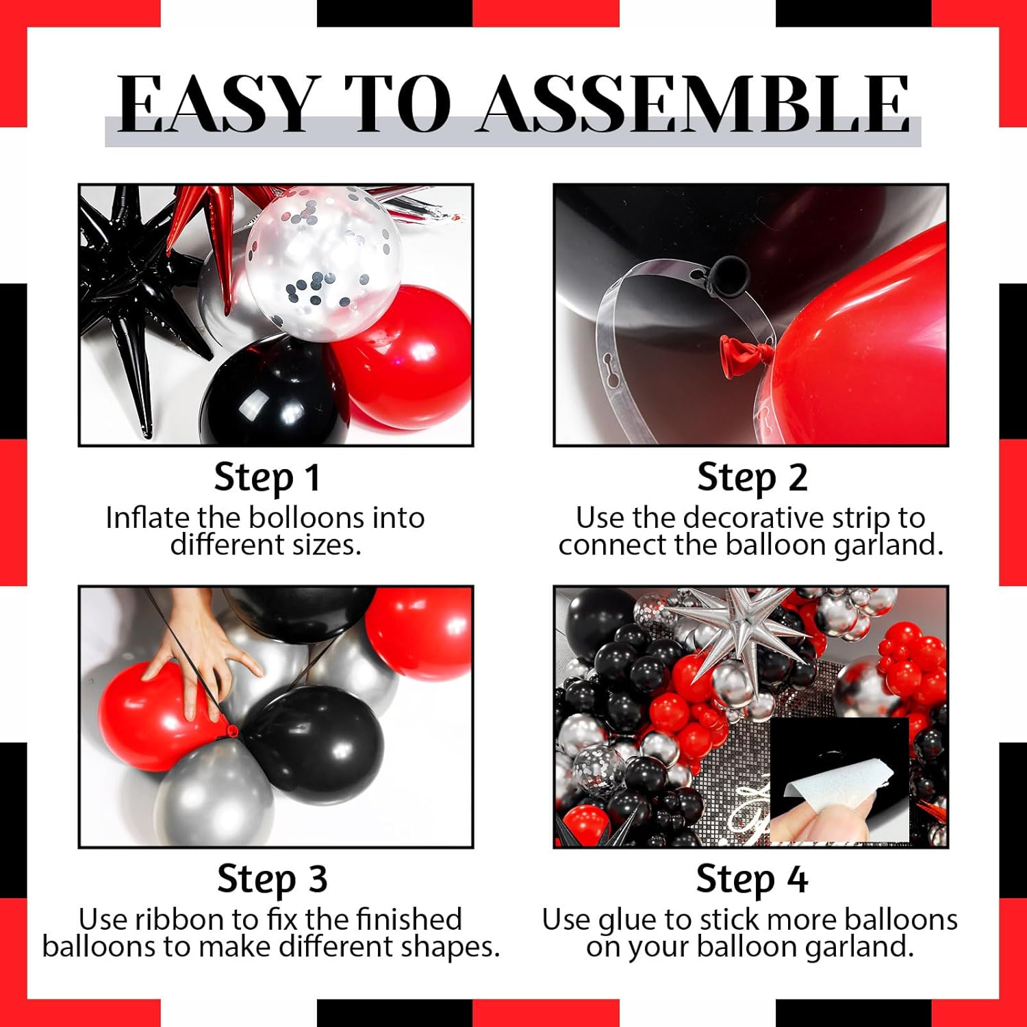 Red & Black Balloon Arch Kit - 3 Star Balloons & Garland for Birthday, Graduation, New Year Celebrations