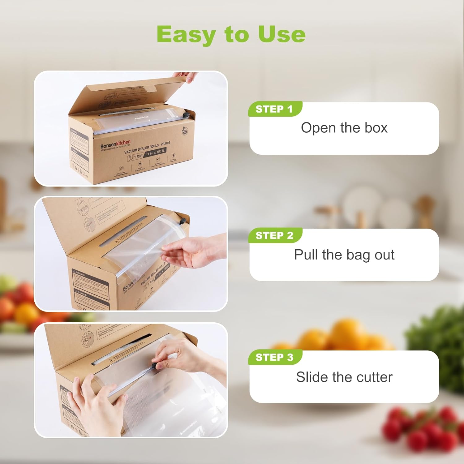 Bonsenkitchen Vacuum Sealer Bags Rolls - 11” x 150’ with Cutter, BPA Free for Meal Prep & Sous Vide Cooking | Easy to Cut & Seal