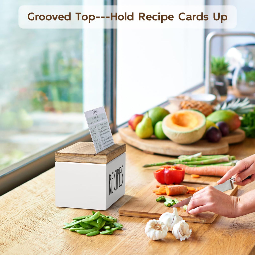 BWODYAY Recipe Box, Wood Recipe Card Box Set, Recipe Box with 100 Cards and 6 Dividers,4x6 Recipe Organizer, Recipe Card Holder, White
