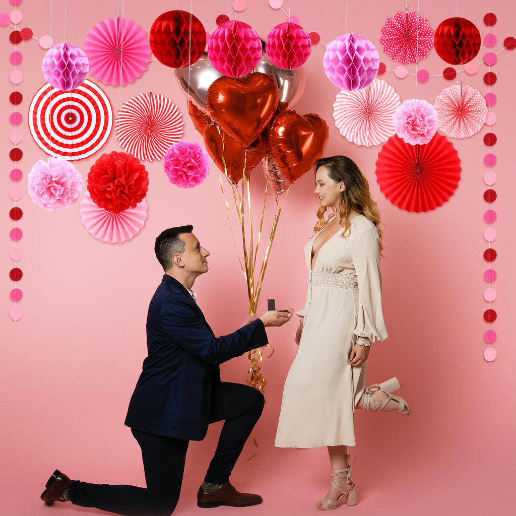 Epakh 50 Pcs Valentine's Day Decorations Paper Fans Valentine's Day Party Decoration Tassel Flowers Hanging Fans Garlands Red Pink Paper Poms Balls Streamer Decor for Wedding Birthday Bridal Shower