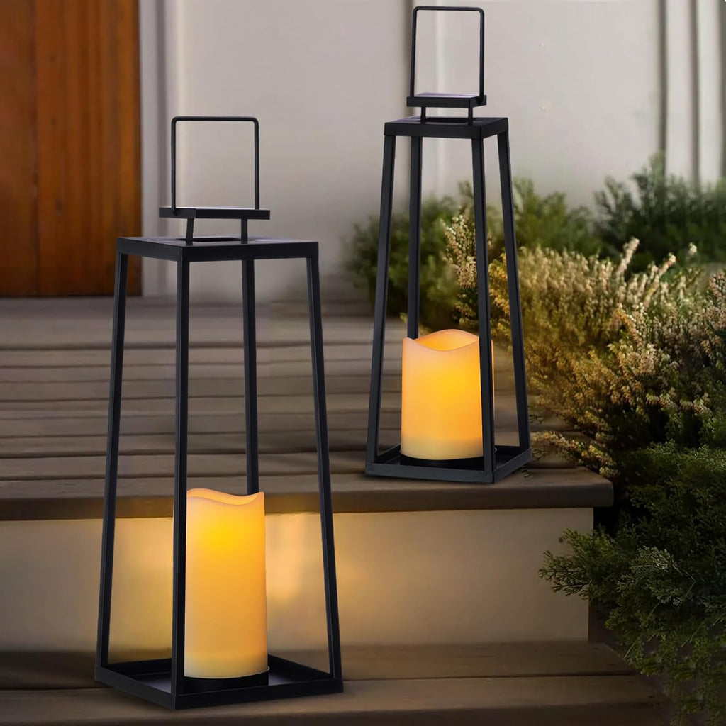 Skiennix Solar Lantern Set of 2 - Modern Black Metal Lanterns with Solar Candles for Outdoor Decor (18’’ & 15’’)