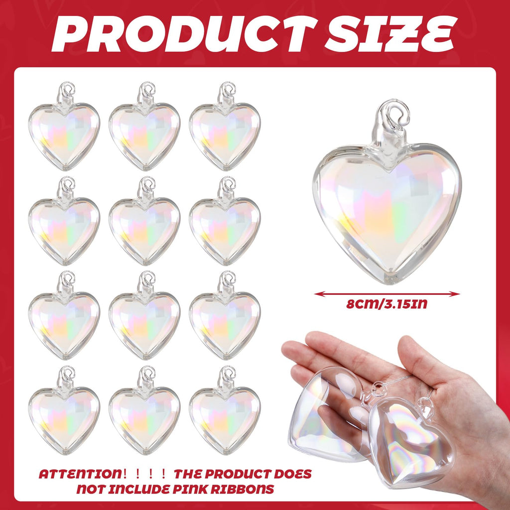 Bokon 12 Pcs Valentine Glass Heart Ornaments Valentine Tree Decoration 3.15 Inch Hand Blown Glass Hearts for Tree Clear Iridescent Crystal Ornaments Transparent Hanging Pendant for Wedding Party