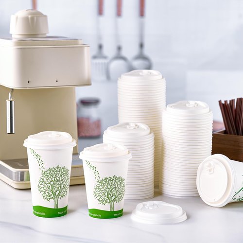 ECOLipak 100% Compostable Coffee Cup Lids 200 Count，3.54 inch Disposable CPLA Cup Lid Suitable for 10 oz, 12 oz, 16 oz, and 20 oz Paper Cups, White