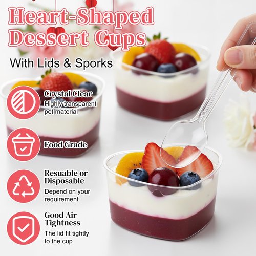 Potchen 48 Pack Heart Shaped Dessert Cups with Lids and Spoons 4 oz Mini Plastic Dessert Container Appetizer Parfait Cups Clear Shooter Container for Valentine Wedding Serving Party