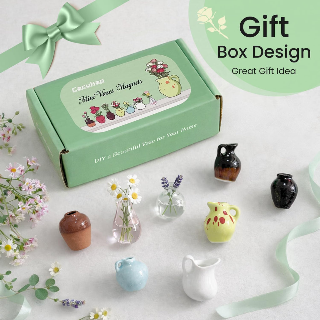 Cute Mini Ceramic Vase Magnets for Fridge, Funny Small Plant Magnets, Tiny 3D Plant Vase for Refrigerator Decoration Kitchen Locker Kitchen Office (8 Pack)