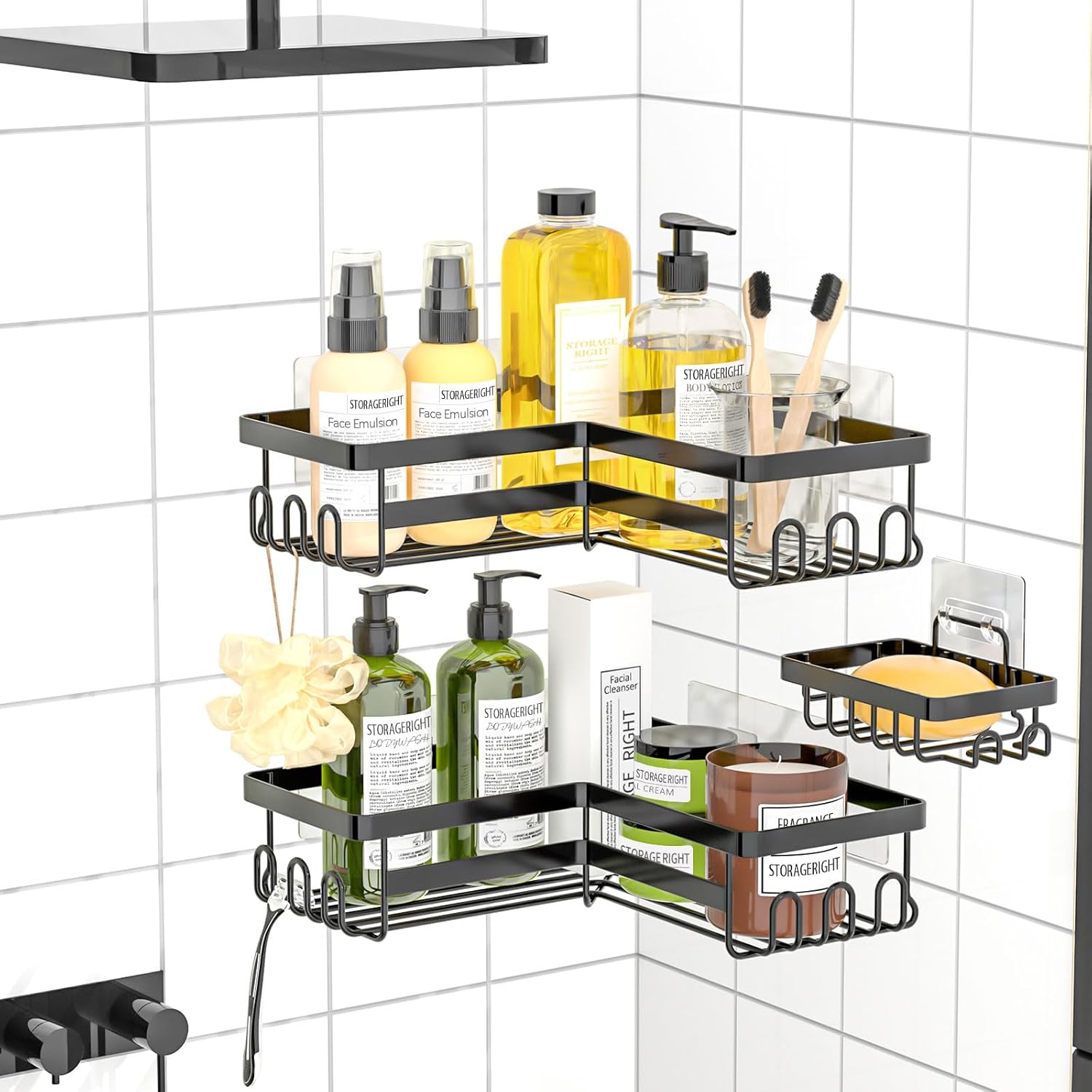 StorageRight Corner Shower Caddy - 3 Pack Adhesive Bathroom Organizer with Soap Holder & Hooks | No Drilling, Stainless Steel