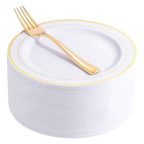 Nervure 204PCS Gold Dessert Plates with Forks - 102PCS 7.5inch Disposable Gold Plastic Plates and 102PCS Plastic Forks Perfect for Salads, Desserts, Parties, Catering, Christmas & Party & Father's Day