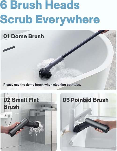 HOTO Cordless Electric Spin Scrubber - Waterproof Bathroom Cleaning Brush with 6 Brush Heads | Long Handle, 22 in-lb Torque