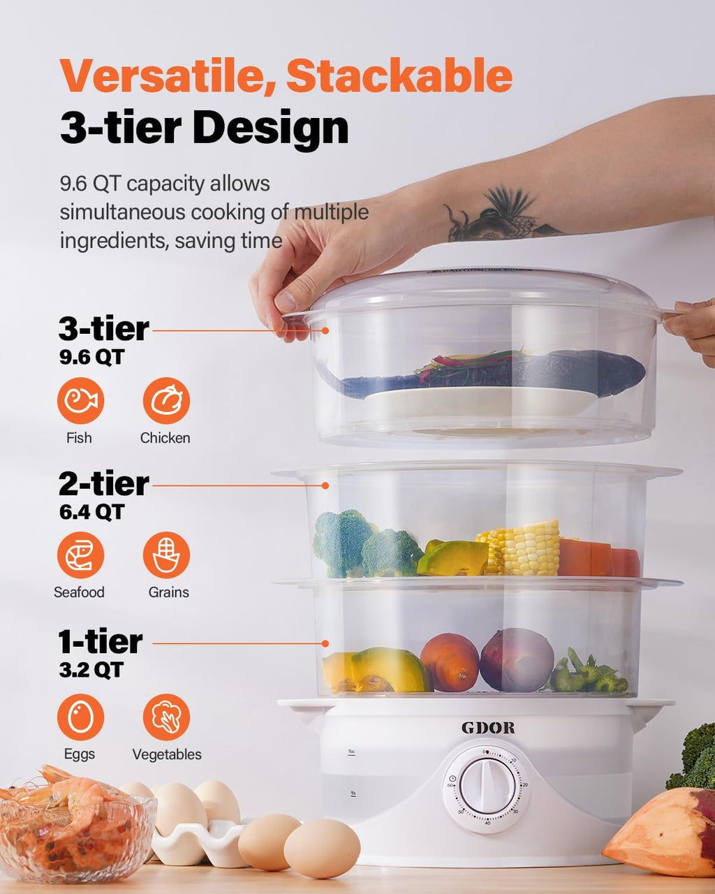 GDOR 3 Tier Electric Food Steamer for Cooking, 800W Vegetable Steamer for Fast Simultaneous Cooking, Dishwasher Safe, Boil Dry Protection, 60-Minute Timer, BPA-Free, 9.6 QT, White