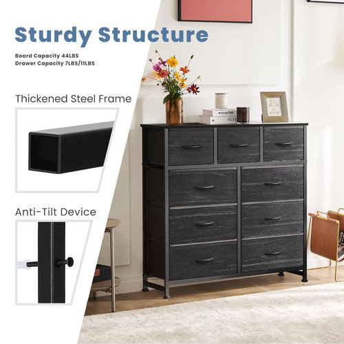 DUMOS 9 Drawer Dresser for Bedroom, Fabric Storage Organizer with Sturdy Metal Frame, Wooden Top Chest of Drawers for Closet Entryway Guest Room,Black Wood