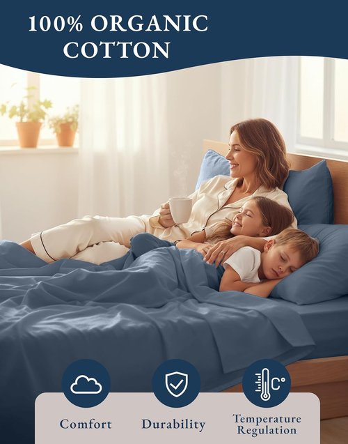 LANE LINEN 100% Organic Cotton Twin Bed Sheet Set - Luxury Hotel Style, Deep Pocket, Eco-Friendly - Estate Blue