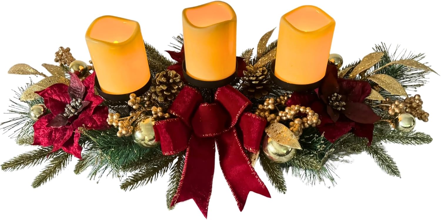 Svndlyn Christmas Candle Holders - Festive 3-Piece Set with Red Poinsettia, Golden Pine, and Berries for Table Centerpiece