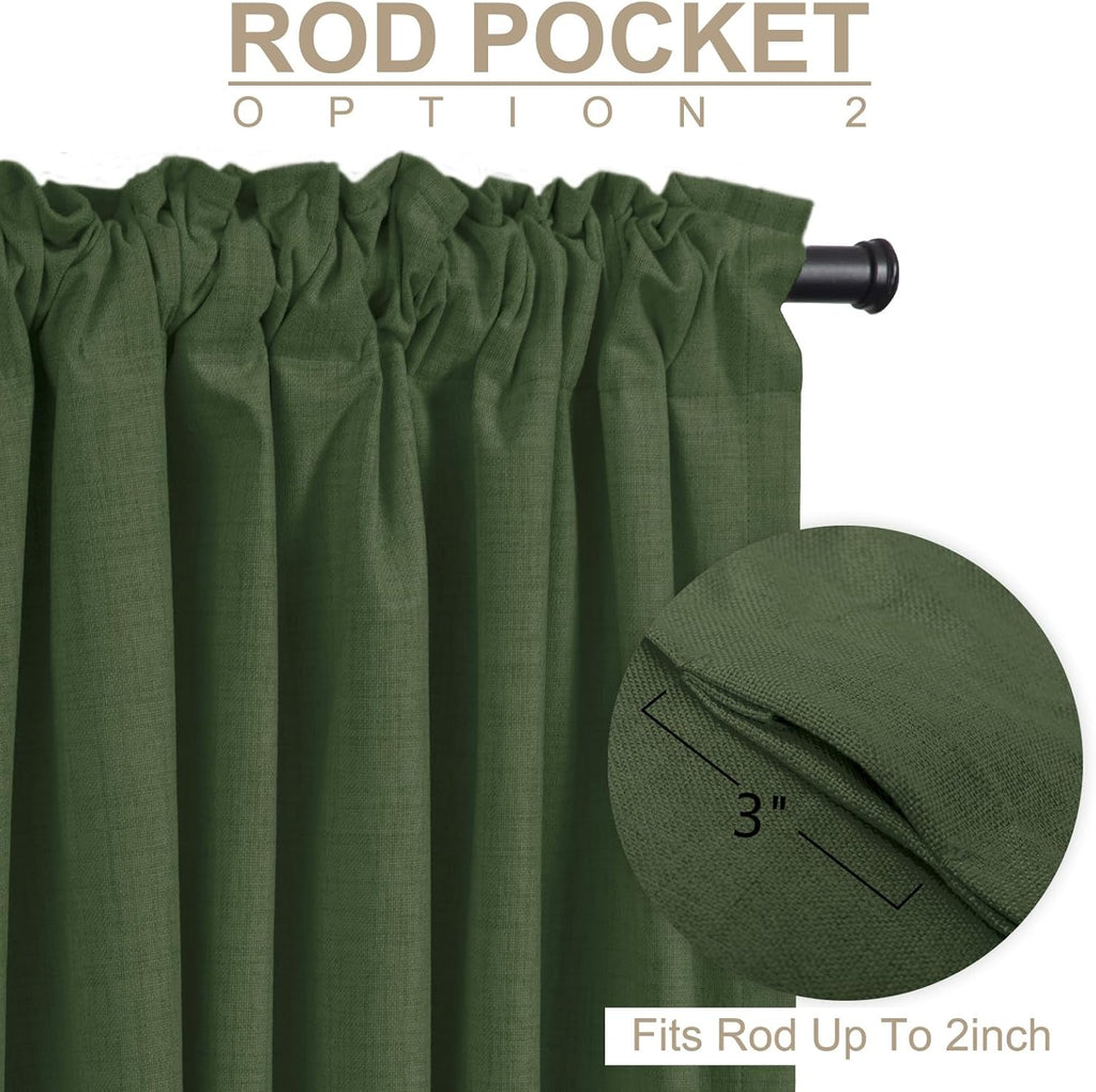 Skiennix 100% Blackout Linen Curtains - Thermal Insulated Drapes, 50" W x 72" L, Moss Green - 2 Panels Set