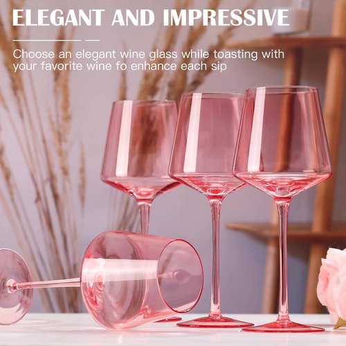 Physkoa Pink Wine Glasses Set of 6-16oz Hand-Blown Pink Wine Glass with Long Stem, Unique Red&White Wine Glasses For Party Home Bar New Year Gifts