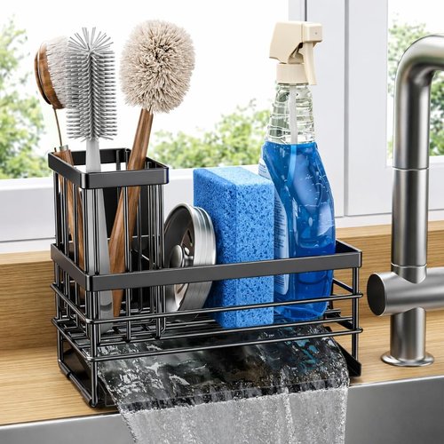 Cisily Sink Caddy - Rustproof Sponge Holder with Brush Storage & Self-Draining Tray | Black