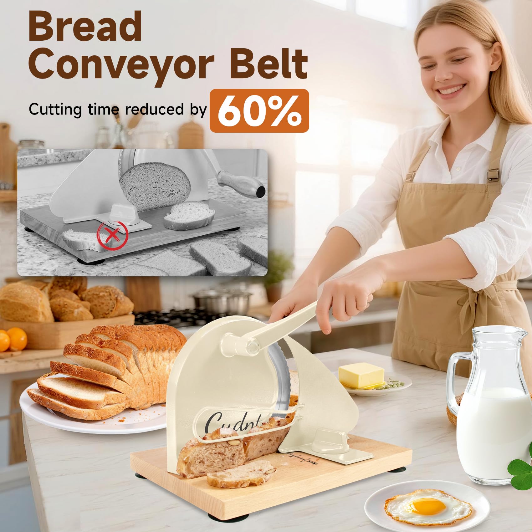 Manual Bread Slicer for Homemade Sourdough Bread, Add Metal Rails, Hand Crank Bread Slicer Machine with Scale Line and Suction Cup, Stainless Steel Blade Bread Cutter Adjustable Thickness