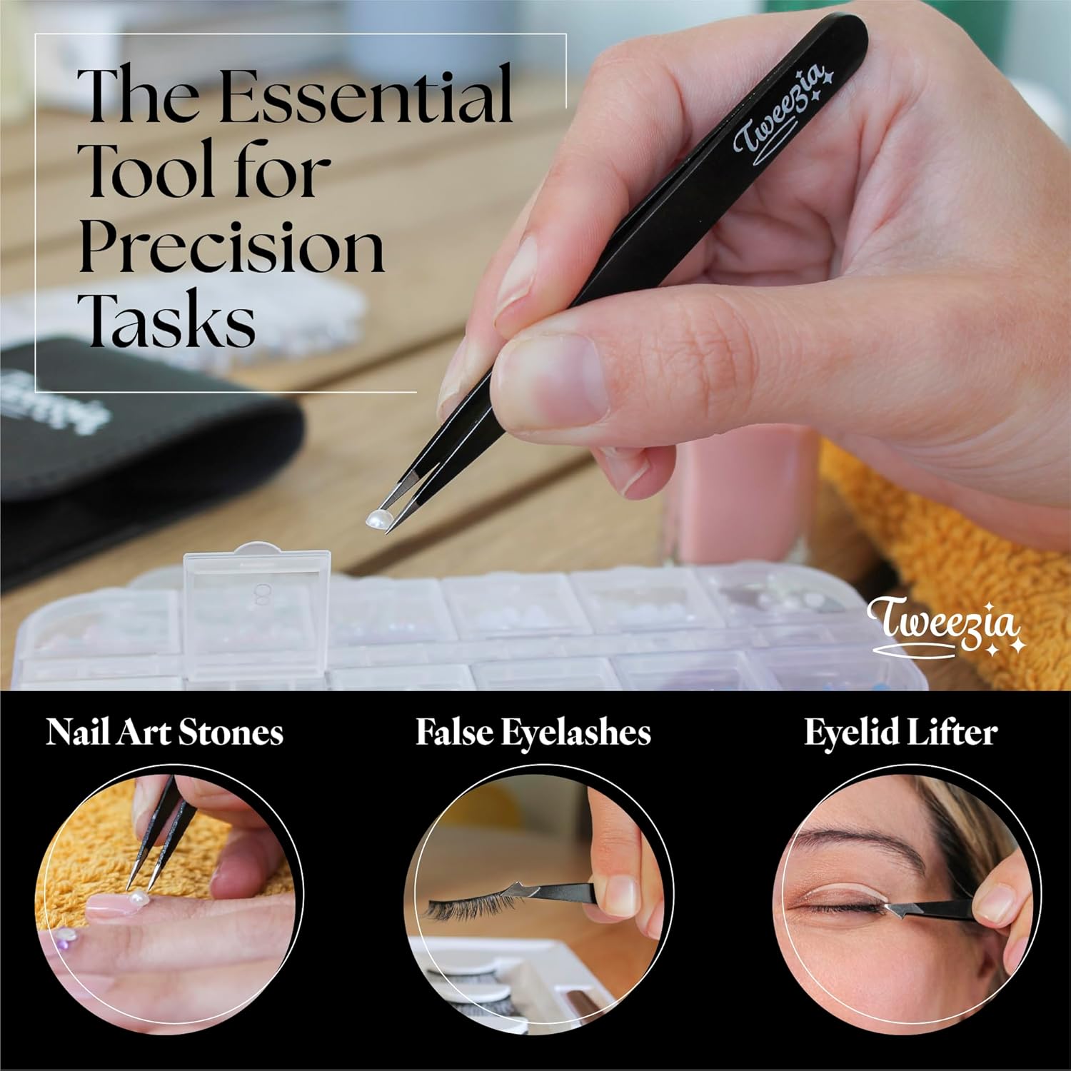 TWEEZIA Stainless Steel Tweezer Set - 4 Precision Tweezers with Mirror & Leather Case | Ideal for Eyebrows, Ingrown Hairs & Splinters