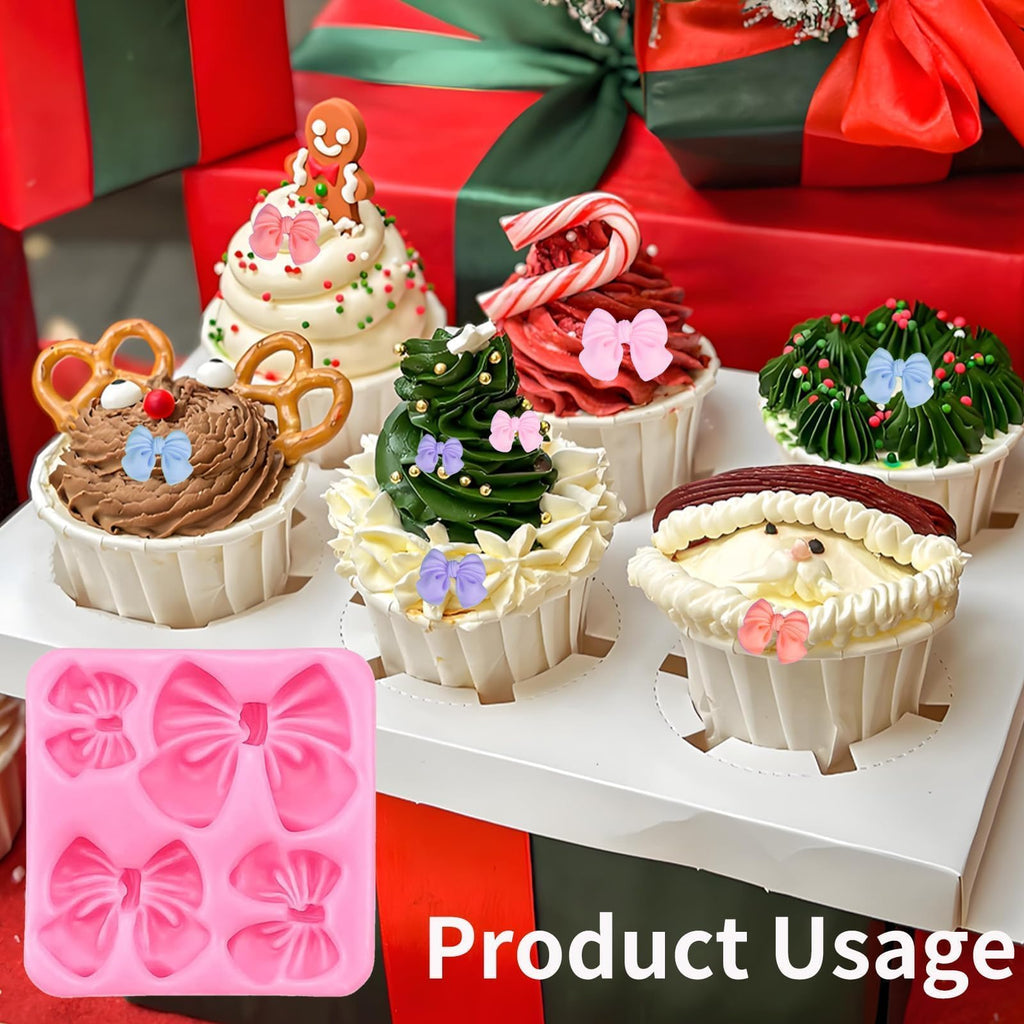 4Pcs Silicone Bow Molds for Cakes, Cupcakes, Chocolate, Candy, Sugar Craft, and Resin Crafts - Pink and Gray Bow Mold Set
