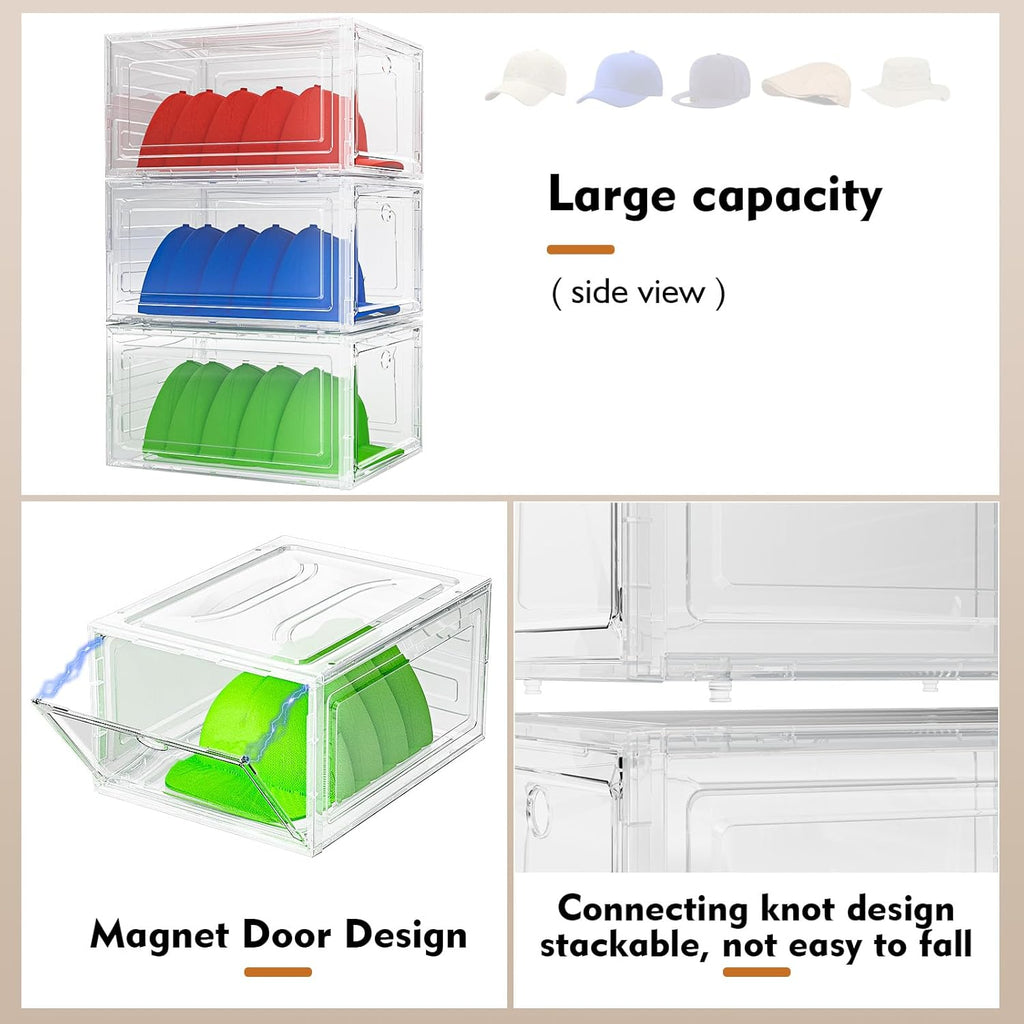 YKLSLH Hat Organizer - Durable Clear Storage Box for 40 Baseball Caps with Magnetic Door | White