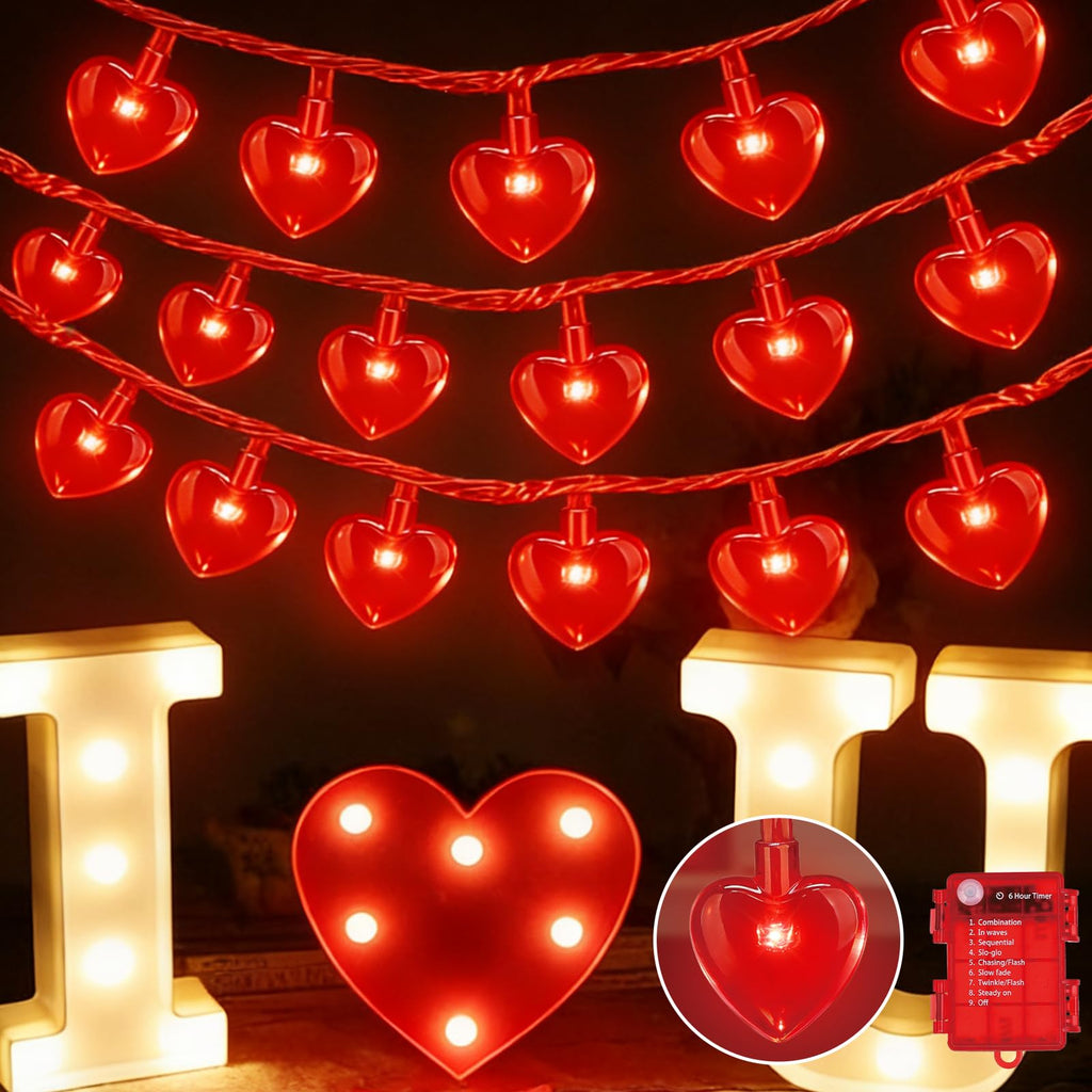LAMPHOME Valentine's Day String Lights, 16.1 FT 50 LED Heart Red String Light, Romantic Fairy Lights Battery Operated Timer, Valentine Decor for Indoor Outdoor Wedding Anniversary Holiday Party