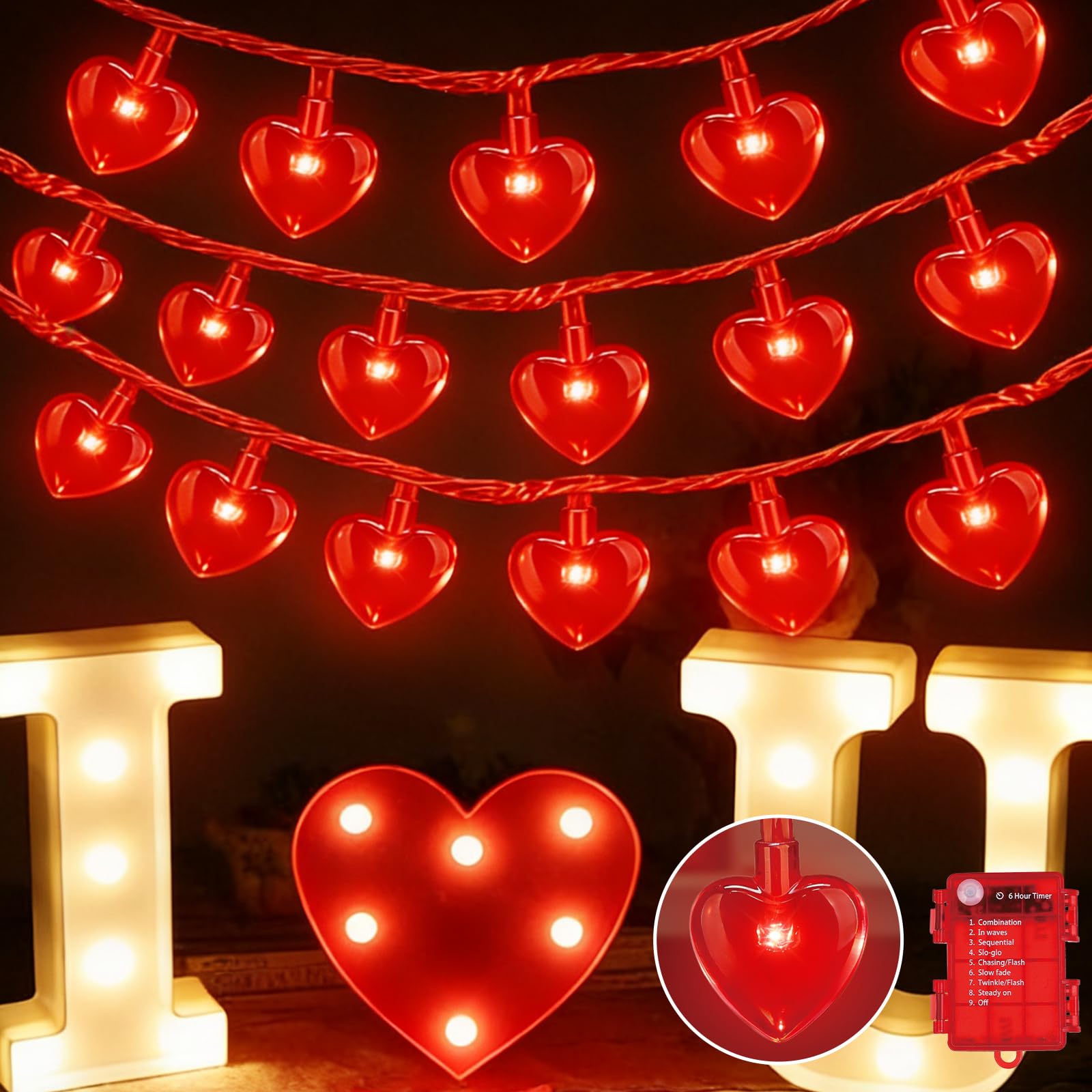 LAMPHOME Valentine's Day String Lights, 16.1 FT 50 LED Heart Red String Light, Romantic Fairy Lights Battery Operated Timer, Valentine Decor for Indoor Outdoor Wedding Anniversary Holiday Party