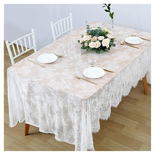 Fanqisi 5 Pieces White Lace Tablecloth 60x120 Inches Classic Wedding Lace Tablecloths Overlay Party Table Cover for Bridal Shower Reception Table Decoration