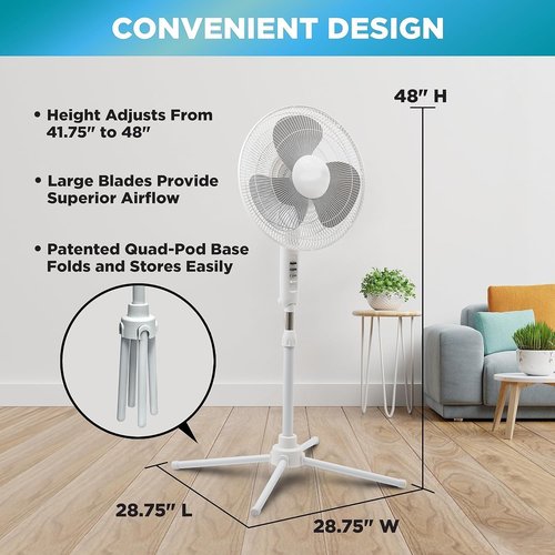 EZ-Chill 16” Oscillating Pedestal Fan - 3-Speed Options & Adjustable Height | Powerful Air Flow in White