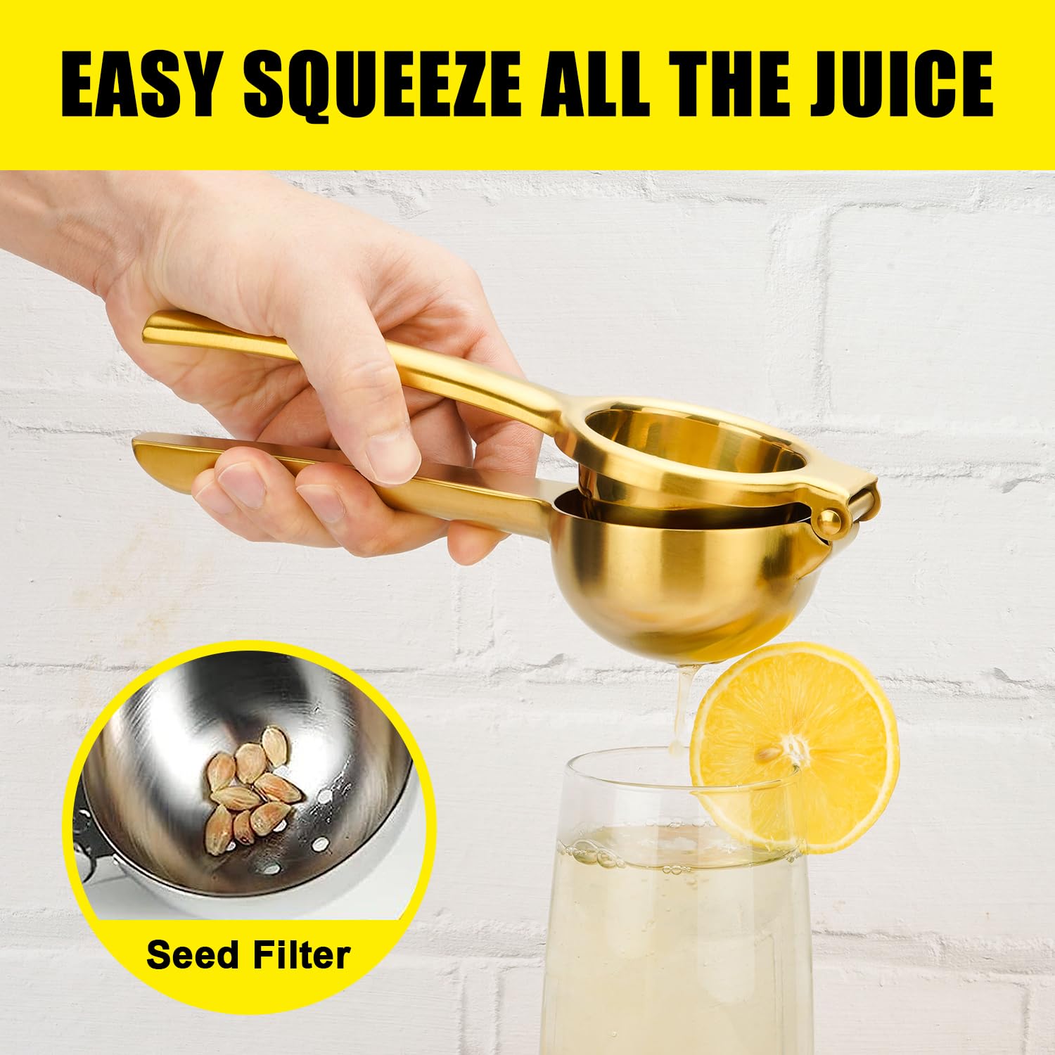 SHIKORI Lemon Squeezer, Large Heavy Duty Handhelp Juicer for Lemon, Stainless Steel Hand Press Citrus Juicer, Lime Squeezer Bar Tool, Manual Citrus Press (Gold)