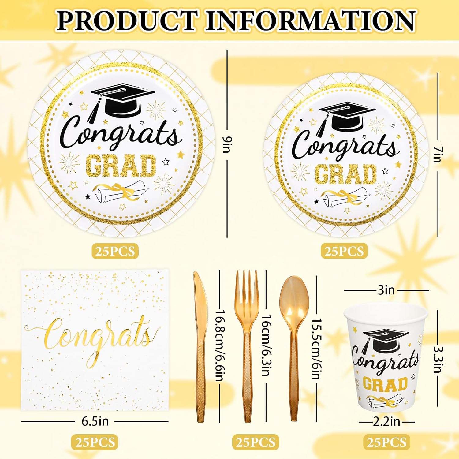 Whaline Graduation Party Supplies Set - 175 Pcs Disposable Tableware for 25 Guests | Gold Congrats Grad Plates, Napkins & Cutlery