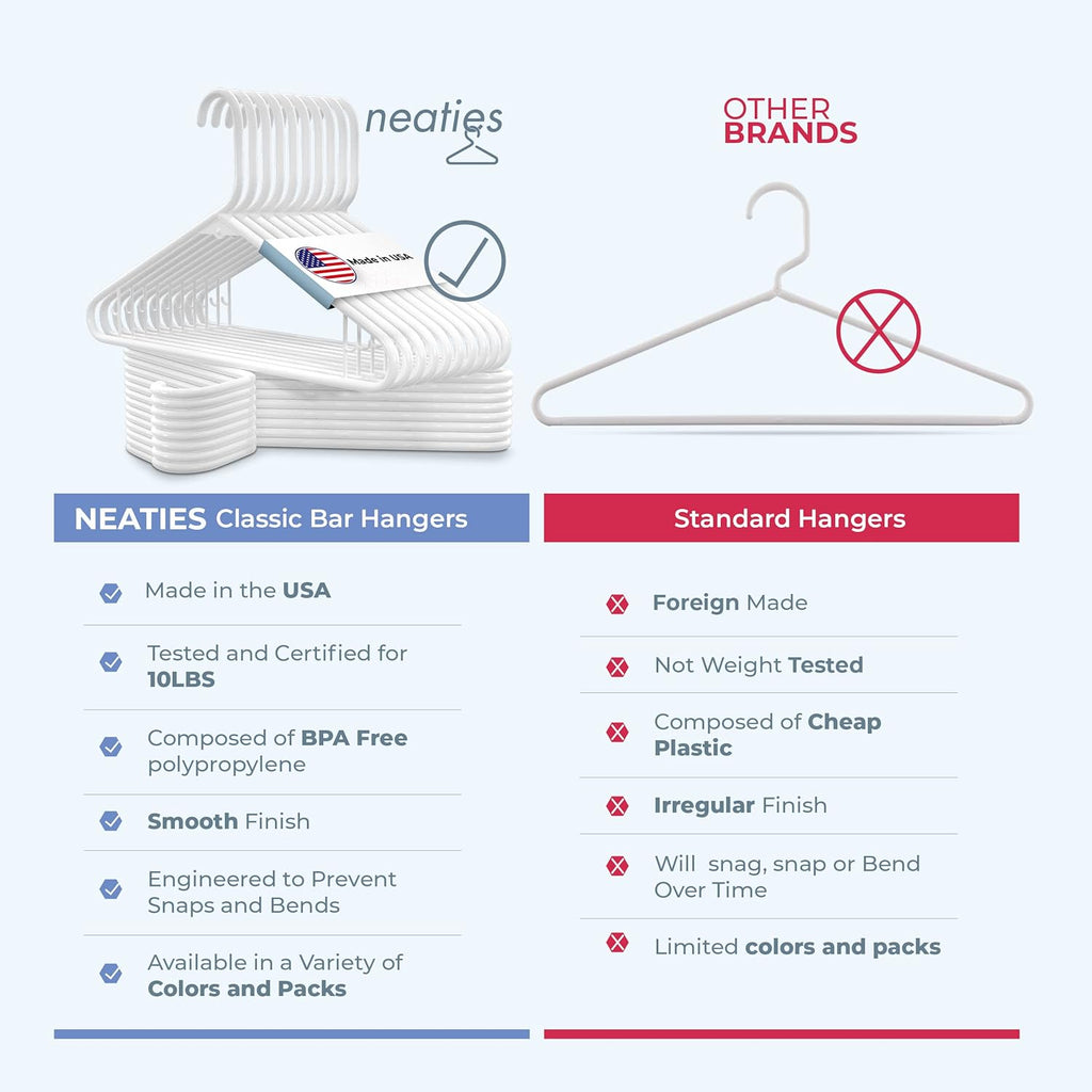 Neaties Plastic Hangers 30 Pack - Durable 6lb Capacity Clothes Hangers with Strap Hooks - White