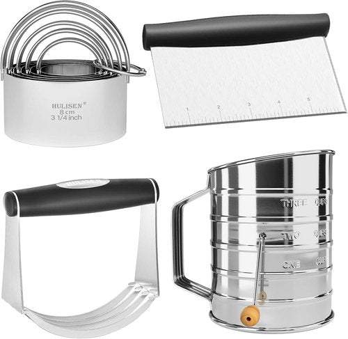 HULISEN Pastry Cutter Set - Stainless Steel Dough Blender & 3-Cup Flour Sifter | Professional Baking Tools