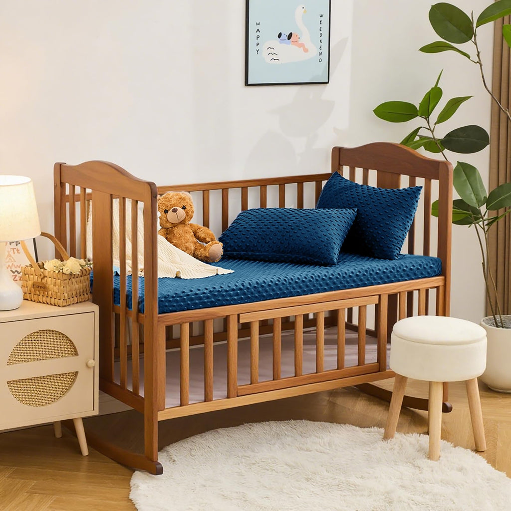 Entisn Pack N Play Sheets Fitted, 26 x 38 Inch Minky Dot Mini Crib Sheet for Boys, Soft and Warm Fleece Nursery Bedding for Most Mini Crib Mattresses (Navy Blue)