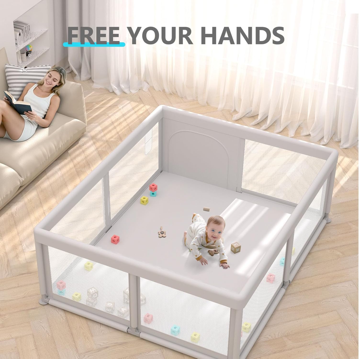Skiennix Baby Playpen - Breathable Mesh Indoor & Outdoor Play Yard for Toddlers - Grey