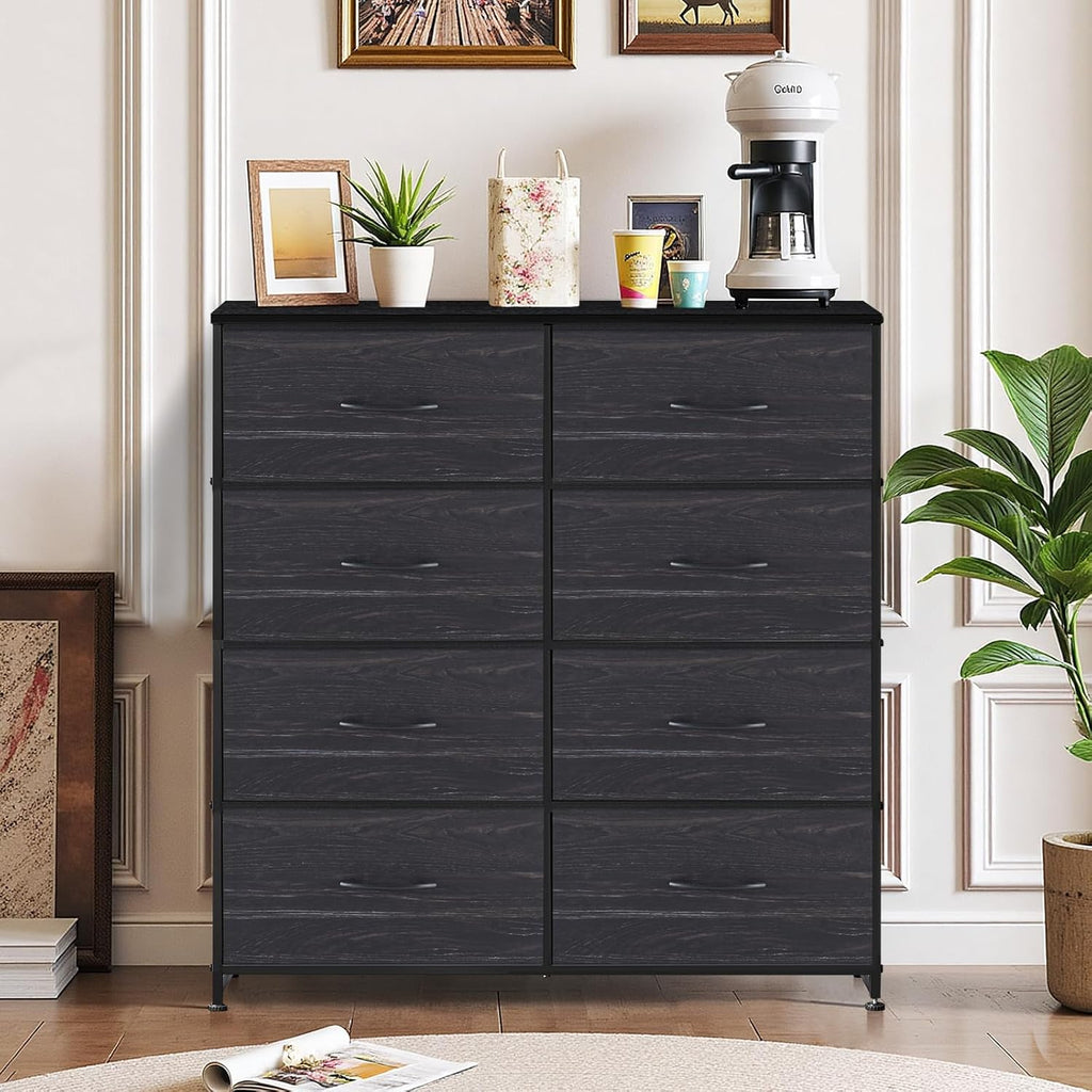 Regine Switzerland 8-Drawer Dresser - Anti-Tip Tall Storage Organizer with Wooden Top & Metal Frame | Charcoal Black