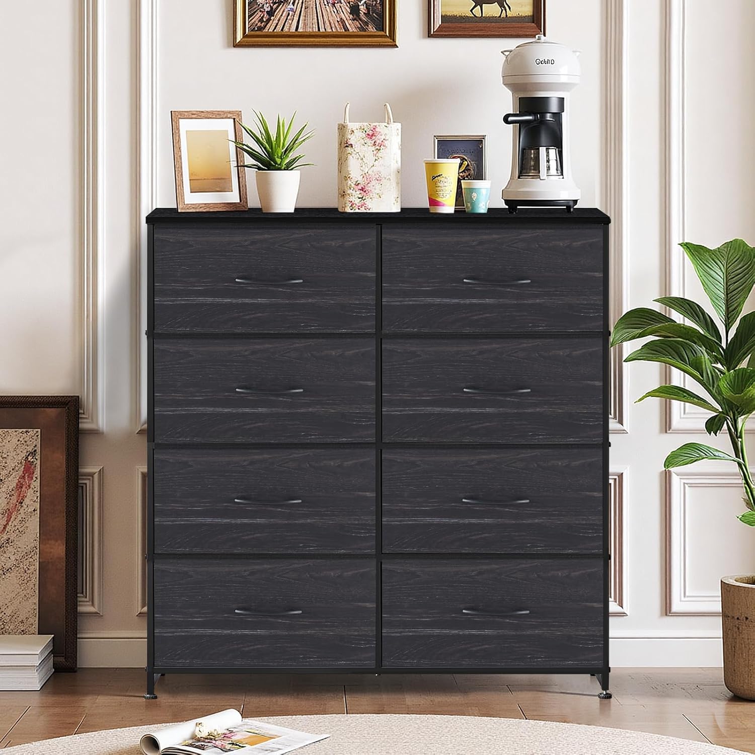 Regine Switzerland 8-Drawer Dresser - Anti-Tip Tall Storage Organizer with Wooden Top & Metal Frame | Charcoal Black