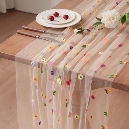 Champagne Embroidery Daisy Table Runner 10ft 120 Inch Fall Florals Gauze Tulle Sheer Cheesecloth Holiday Kitchen Dining Table Decoration for Home Wedding Party Baby Shower Birthday Decorations