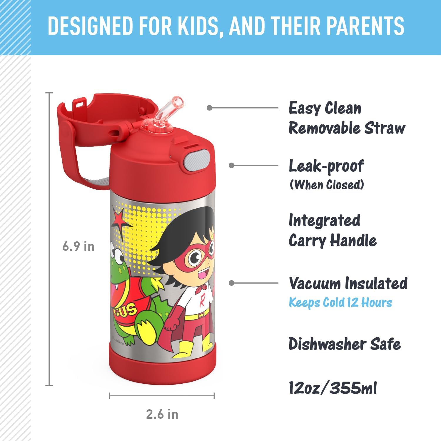 Thermos Funtainer 12 Ounce Kids Straw Bottle - Stainless Steel Vacuum Insulated | Ryan's World Design
