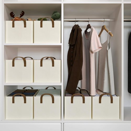 Closet Storage Bins by [Brand Name] - Fabric Organizers for Shelves | Collapsible Beige Baskets, 3 Pack