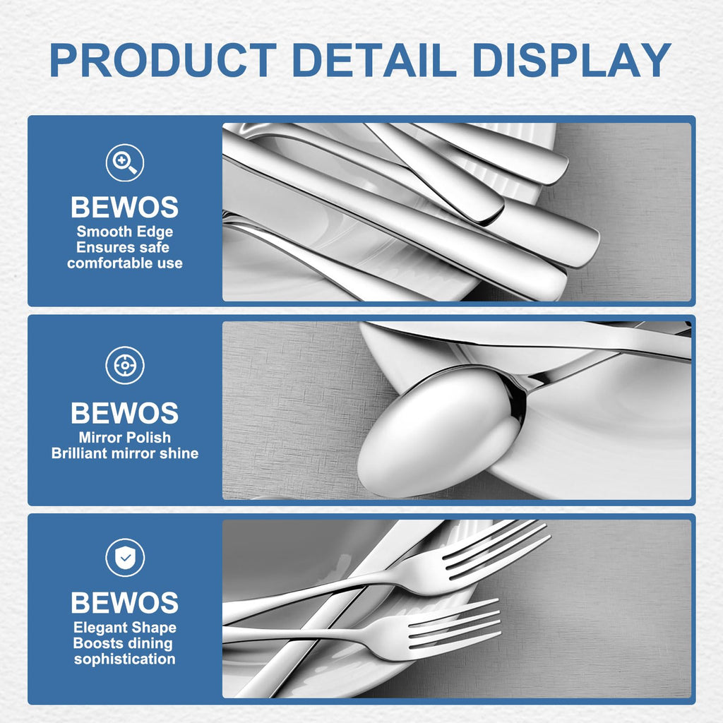 BEWOS 40 Piece Silverware Set - Stainless Steel Silverware Sets for 8 Include Spoon, Forks, Knives, Mirror Polished Flatware Set for Home, Kitchen, Restaurant, Dishwasher Safe