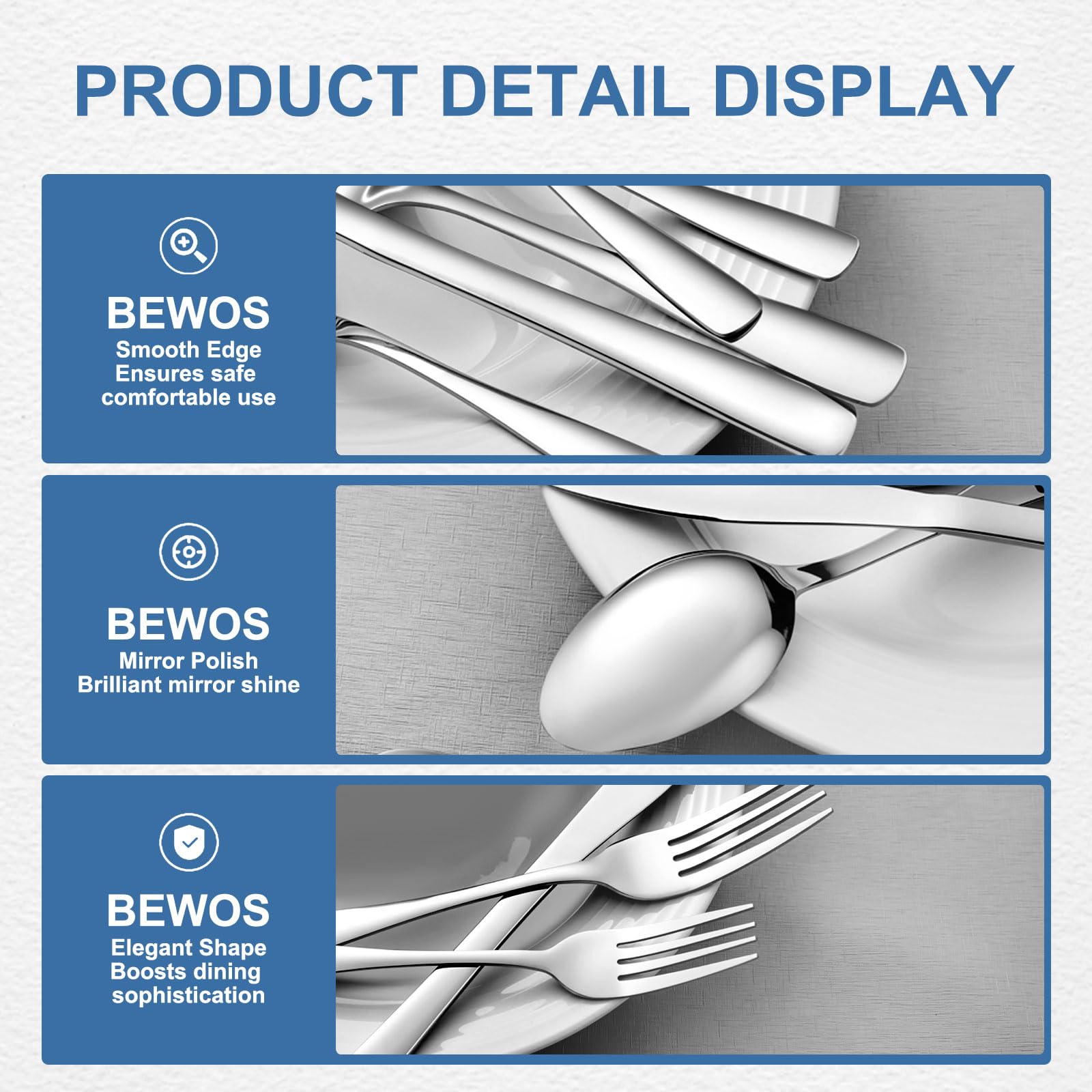 BEWOS 40 Piece Silverware Set - Stainless Steel Silverware Sets for 8 Include Spoon, Forks, Knives, Mirror Polished Flatware Set for Home, Kitchen, Restaurant, Dishwasher Safe