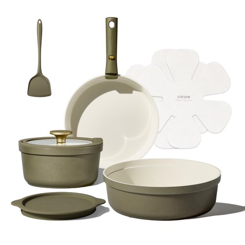 Carote 9pcs Ceramic Cookware Set with Detachable Handles, Pots and Pans Set Non Stick, RV Kitchen Cooking Pot and Pan, Dishwasher Safe, Non-toxic Induction Cookware PFAS and PFOA Free, Green