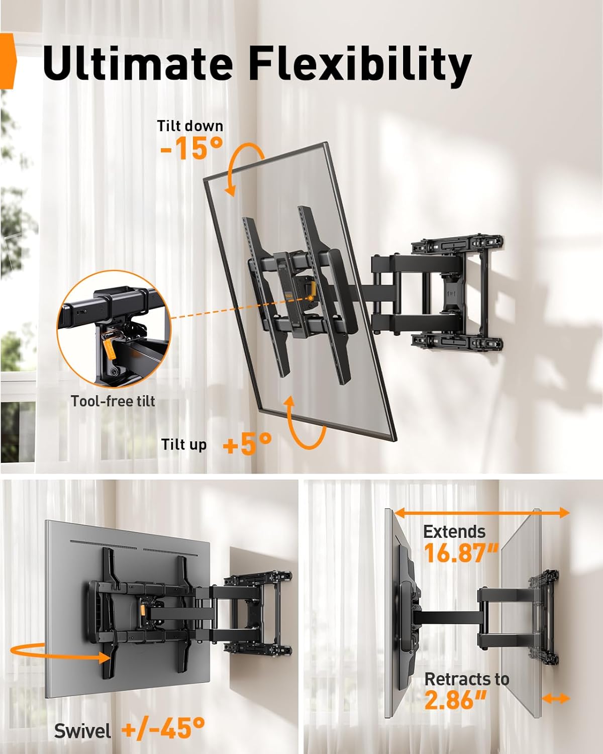 Perlegear Full Motion TV Wall Mount - Fits 42–97 Inch TVs Up to 132 lbs | Easy Setup, Swivel & Tilt